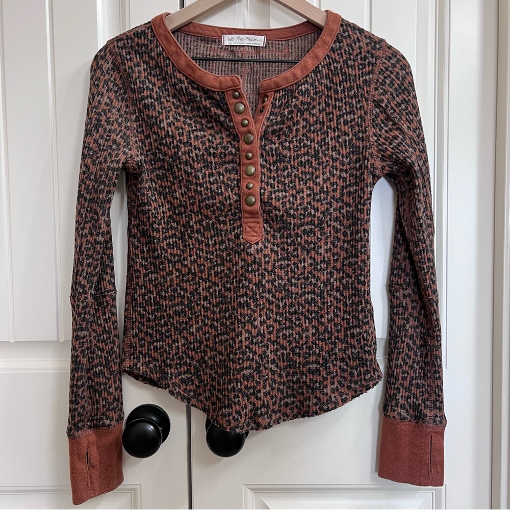 We The Free Everest Waffle Knit Henley Top in Brown Leopard Print, Size S